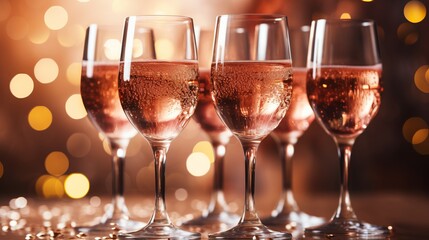 Rose gold champagne glasses with bokeh lightscelebrate new year and valentine s day with sparkle.