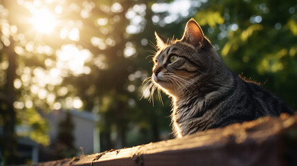 Obraz premium Portrait d’un chat en gros plan, sur fond extérieur, nature. Animal domestique, chat, chaton, mignon. Arrière-plan pour conception et création graphique.