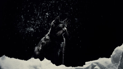 Portrait d’un chat en gros plan, sur fond noir, avec neige. Animal domestique, chat, chaton, mignon. Arrière-plan pour conception et création graphique.