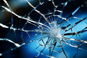 Detailed close-up of a damaged car windshield with clearly visible cracks and shattered glass - obrazy, fototapety, plakaty