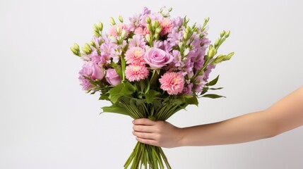 A bouquet of spring flowers close-up in the hand on a white background. A nice gift for a holiday. Spring mood