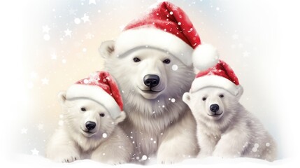  a polar bear wearing a santa hat with two other polar bears in front of a white background with snow flakes.