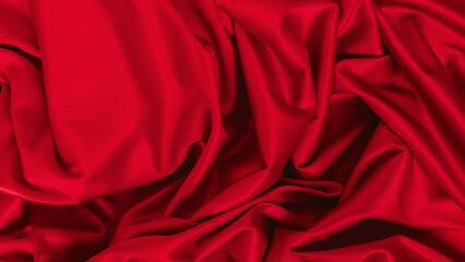 Red silk satin background. Wavy soft folds on shiny fabric. Luxurious dark red background. Valentine, Christmas, Anniversary, Black Friday. Web banner.