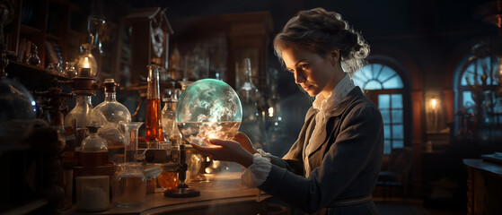 Woman looking at the substance in the flasks. 19th century woman in a laboratory. Wallpaper in steampunk style. - obrazy, fototapety, plakaty