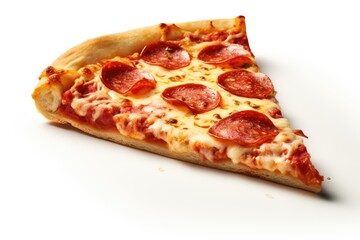 A single slice of pepperoni pizza with melted cheese, showcased against a plain white background. The crust appears crispy.