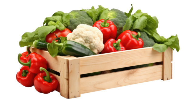Wooden crate with fresh vegetables isolated on transparent or white background