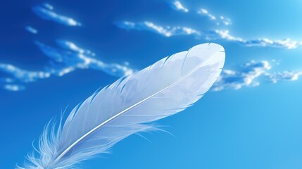  a white feather floating in the air with a blue sky and clouds in the backgroup of it.