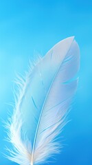  a close up of a white feather on a blue background with a blurry image of a bird's wing.