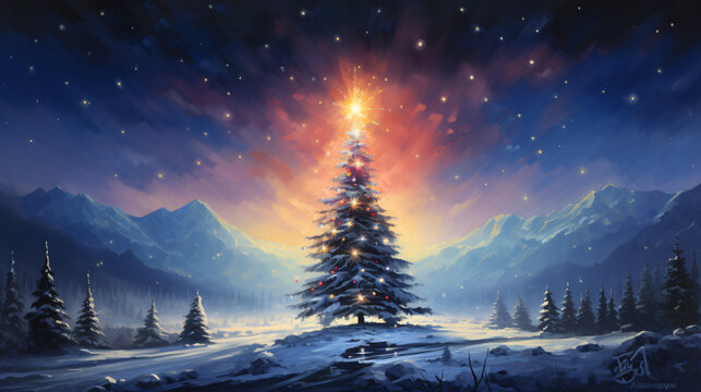 A painting of a brightly lit Christmas tree in the middle of snowy mountains