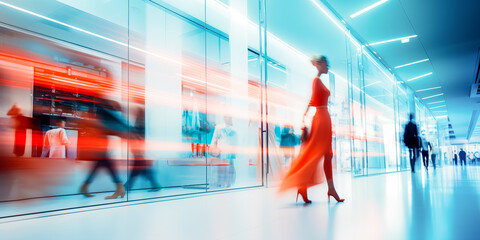 Blurred background of a modern shopping mall with some shoppers. Stylish women looking at showcase, motion blur. Abstract motion blurred shoppers with shopping bags	 - obrazy, fototapety, plakaty