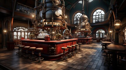 Naklejka premium Steampunk laboratory with brass machinery, glowing concoctions, and stained glass windows