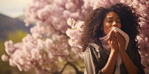 Allergic african woman blowing on handkerchief in park or garden on spring season on sunny day outside - obrazy, fototapety, plakaty