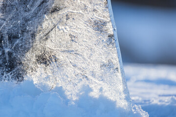 Transparent ice shard is in a snowdrift on a sunny winter day, close up