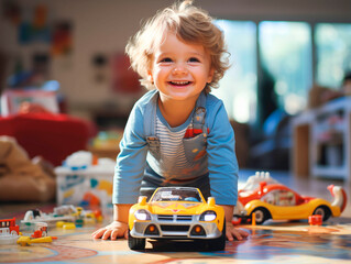 kid boy toddler playing with toy car 