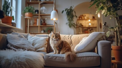 Cozy pastel colors interior with red cat on the sofa.