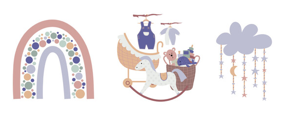 Boho baby rainbow clipart. Boho color rainbow, animals and baby elements for your kids project.