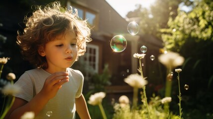 Child Blowing Soap Bubbles in Sunlit Garden