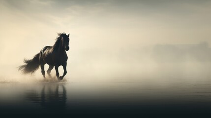  a horse running across a body of water on a foggy day with the sun shining through the clouds behind it. - obrazy, fototapety, plakaty