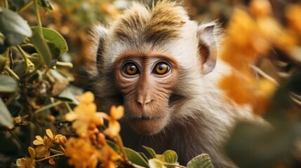 Curious Macaque Monkey with Vibrant Foliage