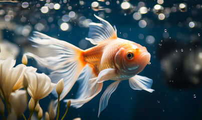 Elegant goldfish gliding gracefully with flowing fins among delicate bubbles in a serene underwater scene, depicting tranquility in aquatic life