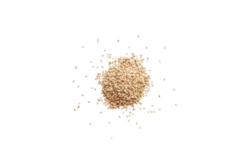 Fotobehang Closeup organic whole raw sesame seeds isolated on a transparent background without shadows from above, top view, png © ydumortier