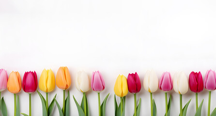 Row of colorful tulip flowers isolated on white background with copy space over it. Floristic design and holiday card.