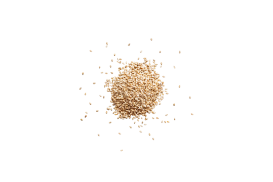 Closeup organic whole raw sesame seeds isolated on a transparent background without shadows from above, top view, png