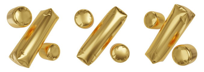 Golden percent sign balloon in different angles. 3D rendering. © Vitaly