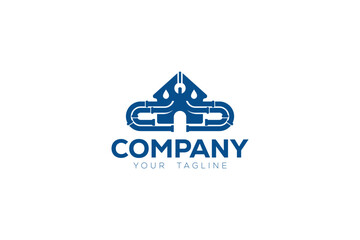 Logo design featuring a house with a wrench tool surrounded by a plumbing pipeline.