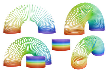 Colorful slinky toy set. Isolated rainbow spring. 3D rendering.