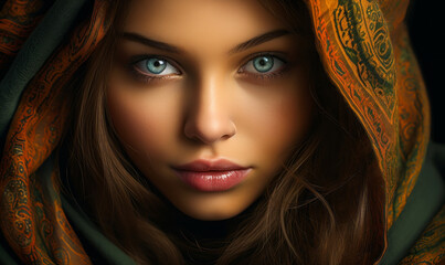 Enigmatic young woman with striking green eyes wrapped in an ornate, patterned scarf, exuding mystery and elegance