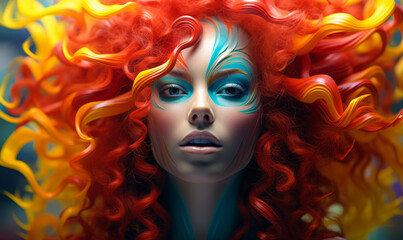 Naklejka premium Vibrant fantasy portrait of a woman with fiery red curls and exotic face paint in a spectrum of rainbow colors, embodying a mythical, fiery spirit