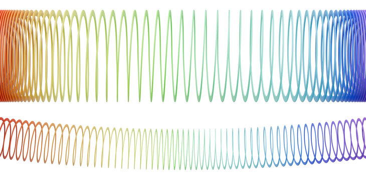 Stretched slinky toy set. Isolated colorful rainbow spring. 3D rendering.