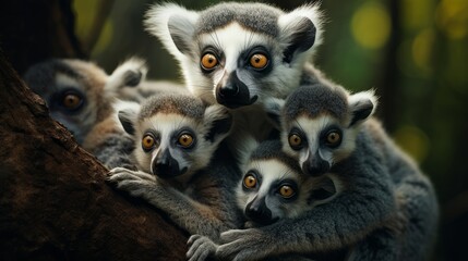Naklejka premium Lemur Family Grooming in Natural Habitat