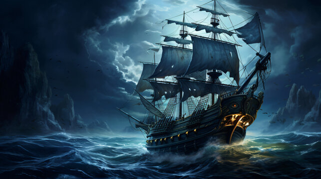  a painting of a pirate ship in the middle of the ocean