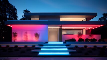 Luxury Modern Home with Neon Lighting at Dusk