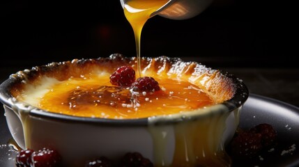  a close up of a pie on a plate with syrup being drizzled over the top of it.