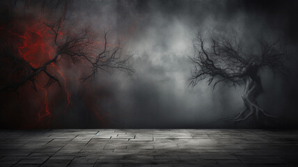 halloween background with scary scary and creepy ghost in dark empty wooden floor with fog and lights. empty space. - obrazy, fototapety, plakaty