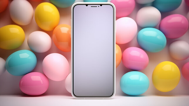 Colorful Easter eggs and smartphone with blank screen