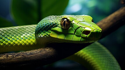 Fototapeta premium Graceful Coiled Tree Snake on Jungle Branch
