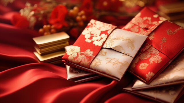 Red envelopes hongbao with golden patterns and symbols of luck. Pile of red envelopes hongbao traditionally given during Lunar New Year for luck and prosperity.