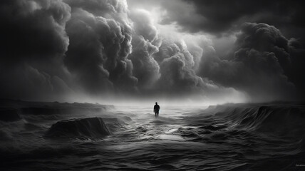 man with long hair in dark storm waves.