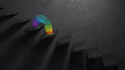 Rainbow slinky toy on the black stairs in dark room. 3D rendering.