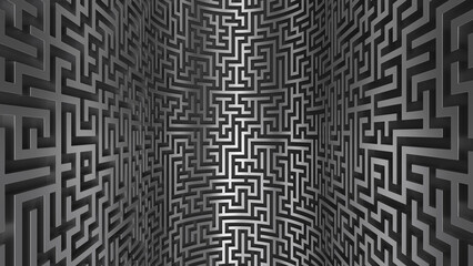 Metal maze pattern on bended walls. 3d rendered technology background.