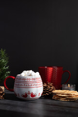 close up hot chocolate with marshmallow and cookie for the holiday festival. cozy drink for christmas and new year wvw.