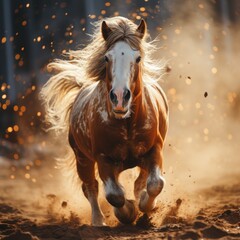 Obraz na płótnie Canvas Fiery image of a horse against the backdrop of a blazing fire, Concept: emphasizing strength and steadfastness. The animal gallops, powerful hooves kicking out dirt and dust 