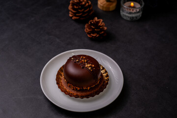 chocolate cake dome for winter and holiday treat. baking and cooking concept.