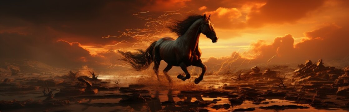 Fiery image of a horse against the backdrop of a blazing fire, Concept: emphasizing strength and steadfastness. The animal gallops, powerful hooves kicking out dirt and dust
