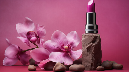 Obraz na płótnie Canvas rose lipstick on a white background with pink flowers