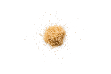 Close-up of a heap of organic raw brown sugar isolated on a transparent background with shadows from above, top view, png
